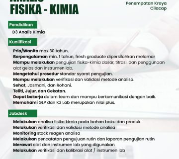 Lowongan kerja analis fisika, kimia, Tresno Jamu Indonesia, Cilacap, Jawa Tengah. Produk Madu dan Susu FMCG