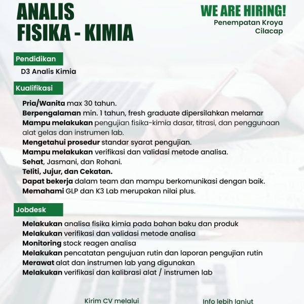 Lowongan kerja analis fisika, kimia, Tresno Jamu Indonesia, Cilacap, Jawa Tengah. Produk Madu dan Susu FMCG