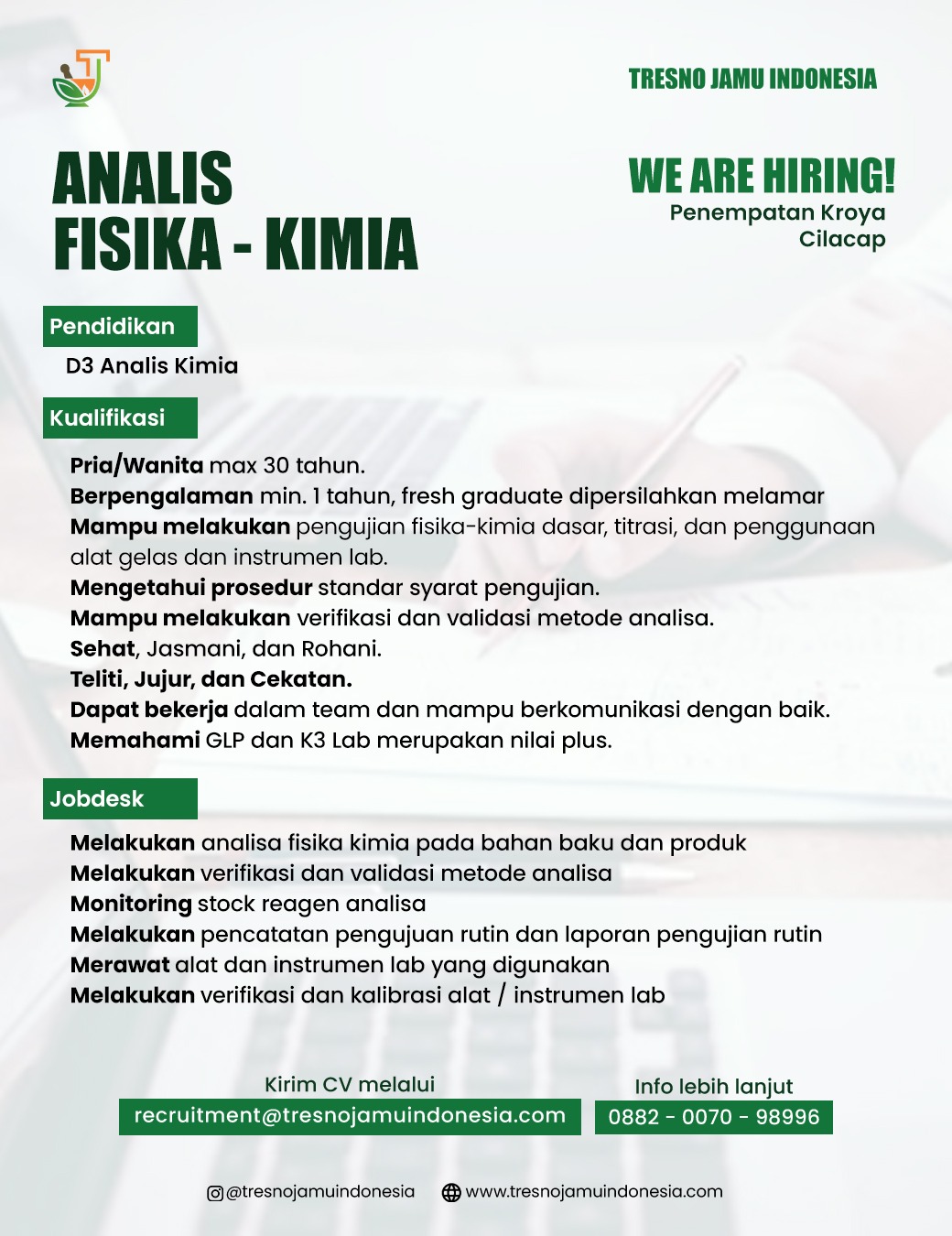 Lowongan kerja analis fisika, kimia, Tresno Jamu Indonesia, Cilacap, Jawa Tengah. Produk Madu dan Susu FMCG